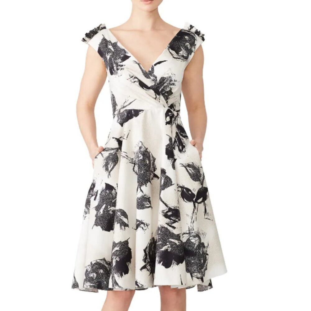 Christian Siriano White Floral Full Skirt Dress in White and Black 14